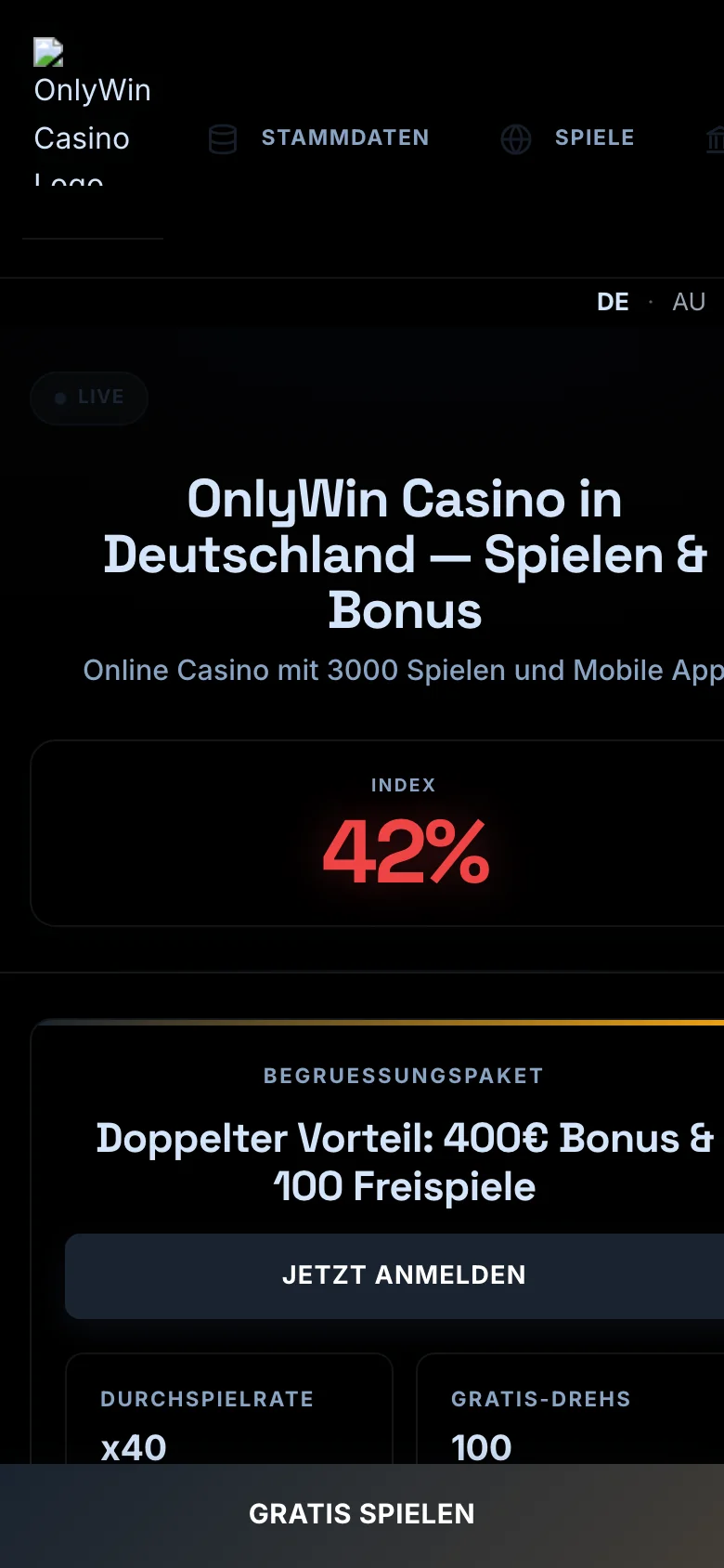 OnlyWin Casino mobile lobby screenshot