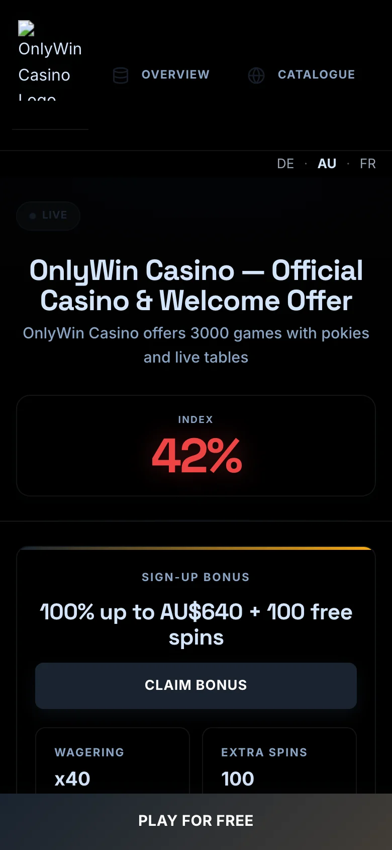 OnlyWin Casino mobile lobby screenshot