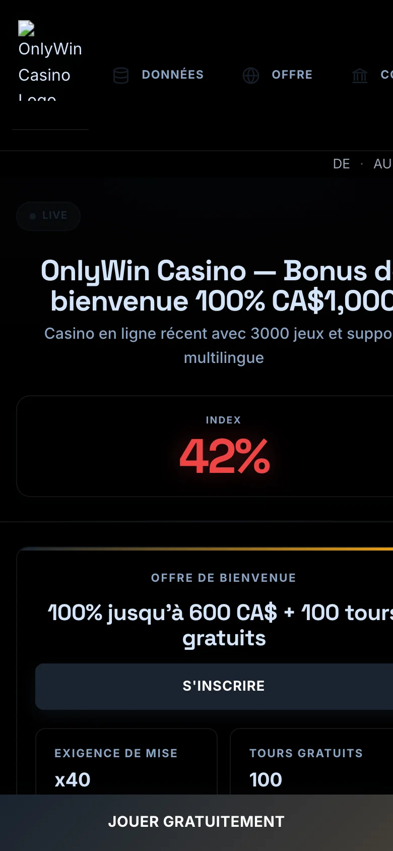 OnlyWin Casino mobile lobby screenshot